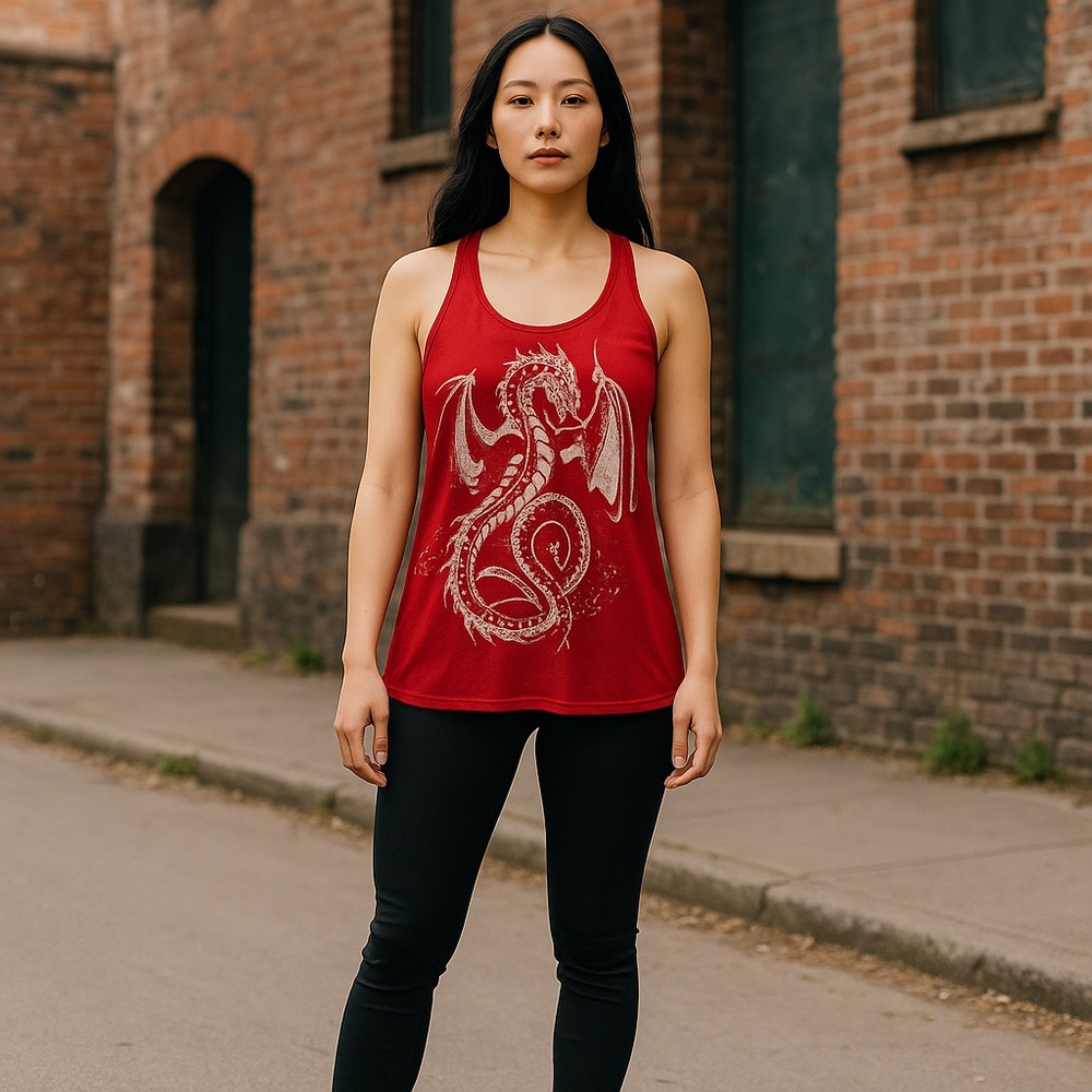 Women’s Sleeveless Red Dragon Top with Crochet Butterfly RacerBack - Picture 1 of 6